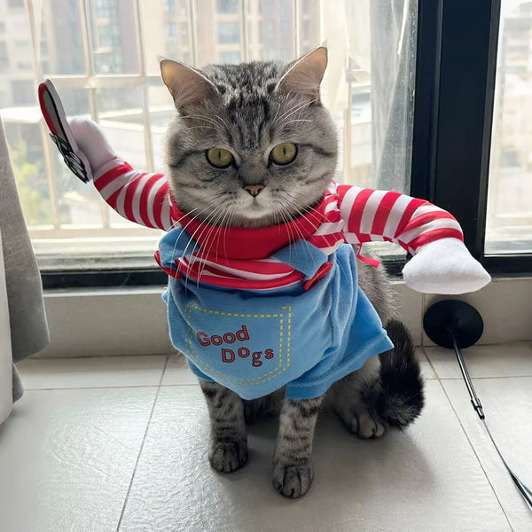 Halloween Pet Costume Cat Costume Holding Knife Puppy Kitten Dress Up Shirt Cats Dogs - Blue without hat / XL
