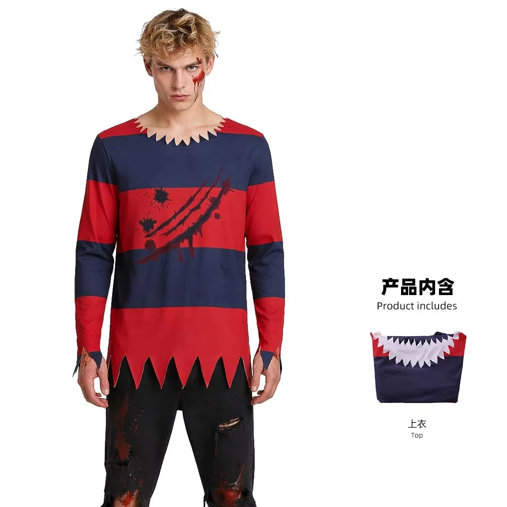 Men Horror Costume Striped Jagged Blood Sleeve Shirt Scary Halloween Outfit Adult Terror - Only Top / 150