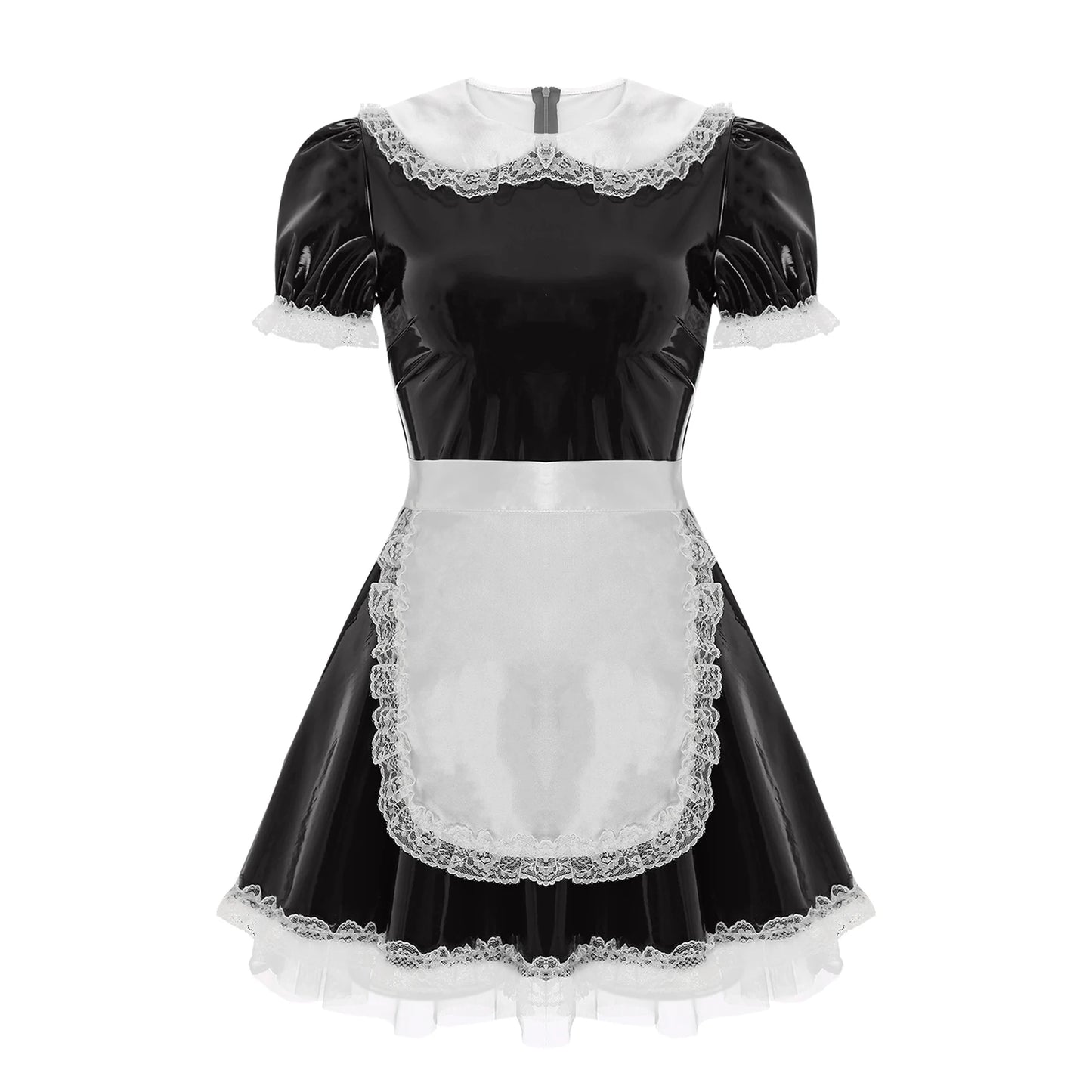 Women's Servants Maid Puff Sleeve Lace Patent Leather Apron Nightwear Costume - alternate view 3