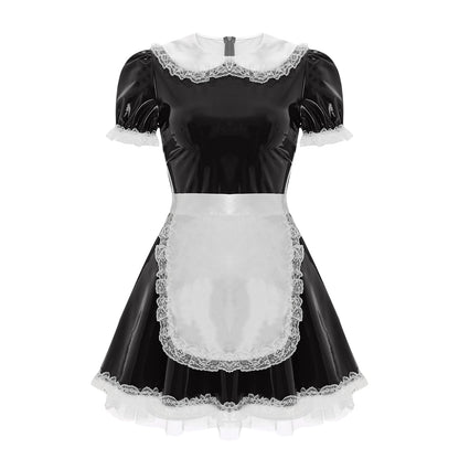 Women's Servants Maid Puff Sleeve Lace Patent Leather Apron Nightwear Costume - alternate view 3