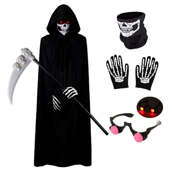 Scary Costume Grim Reaper Costume for Boys Kids Costume with Glowing Red Eyes with