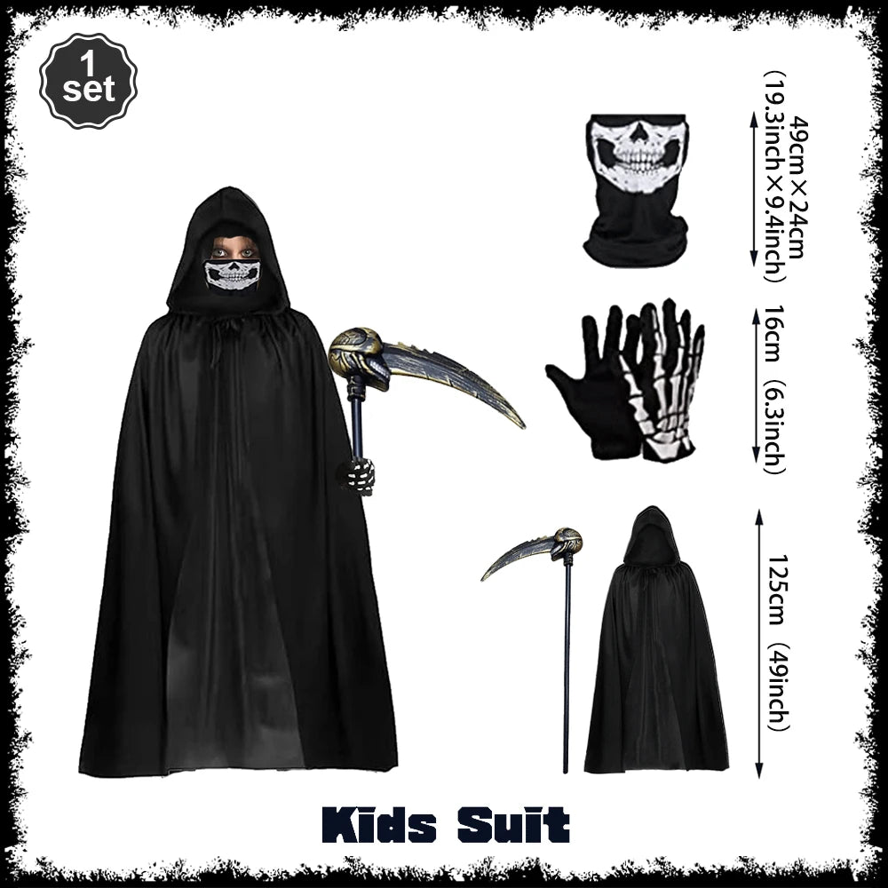 Scary Halloween Grim Reaper Costume Set Scythe Hooded Cape Skull Face Mask Gloves for Kids - View 13