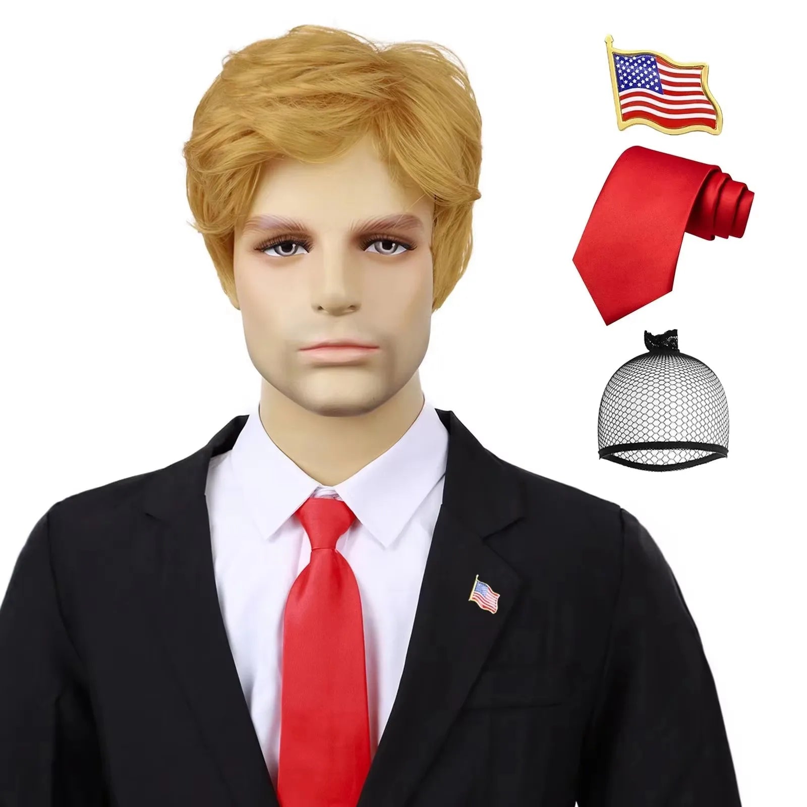 Synthetic 3pc Donald Costume Kit Red Tie Flag Pin Compatible with Pres Donald WigHalloween