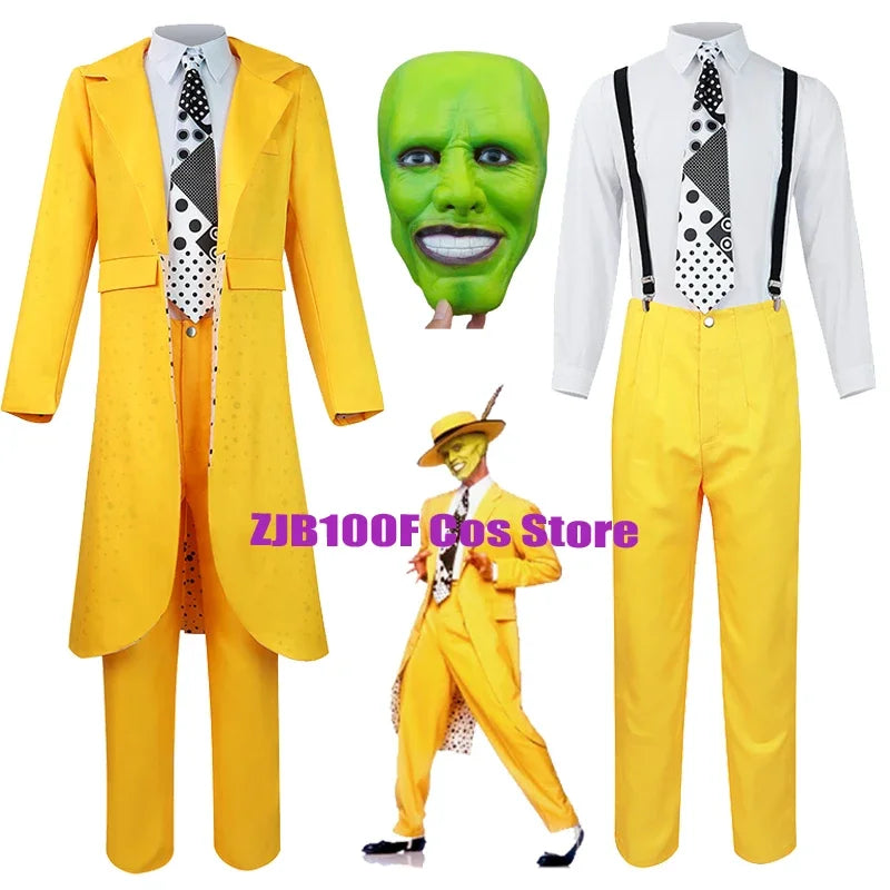 Carrey Costume Uniform Anime Costumes Yellow Trench Hat Suit Halloween Jim Clown Outfits - set and mask / XXL