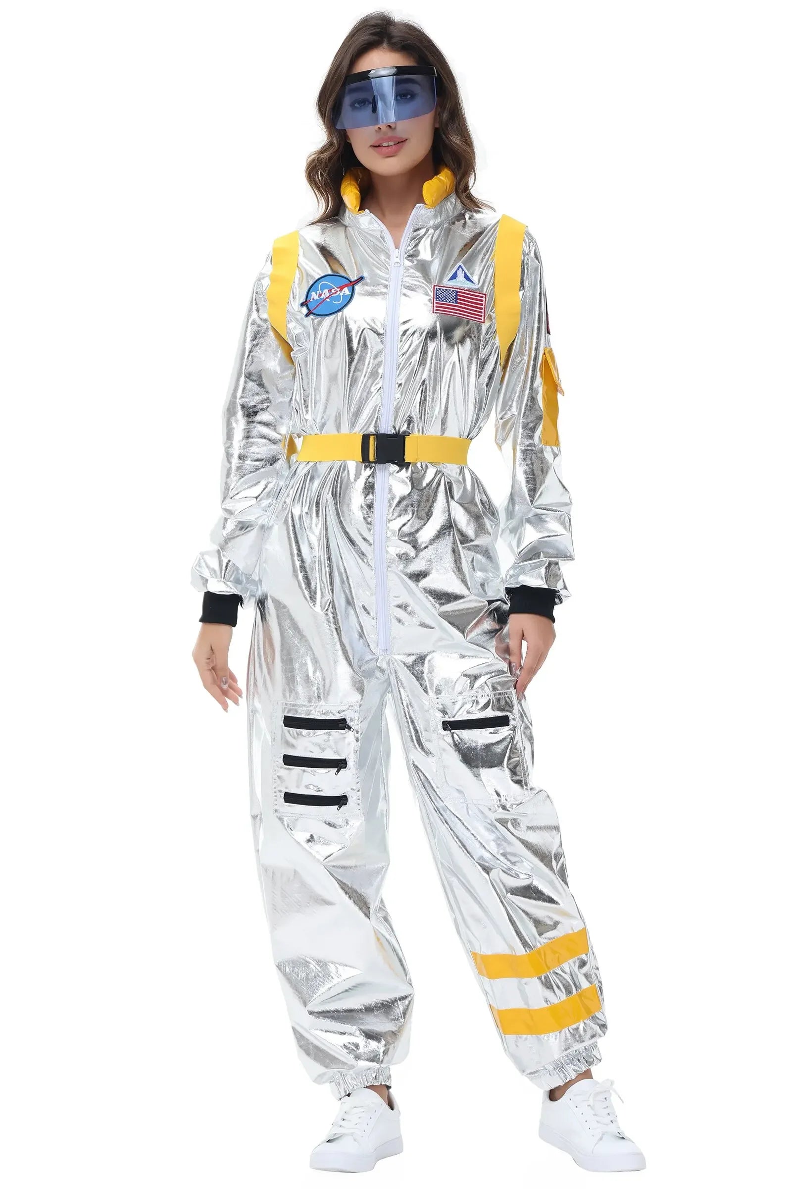 Halloween Silver Spaceman Men Women Space Suit Adult Kids Astronaut Costume Family Dress - B-Women-With Glasses / XL