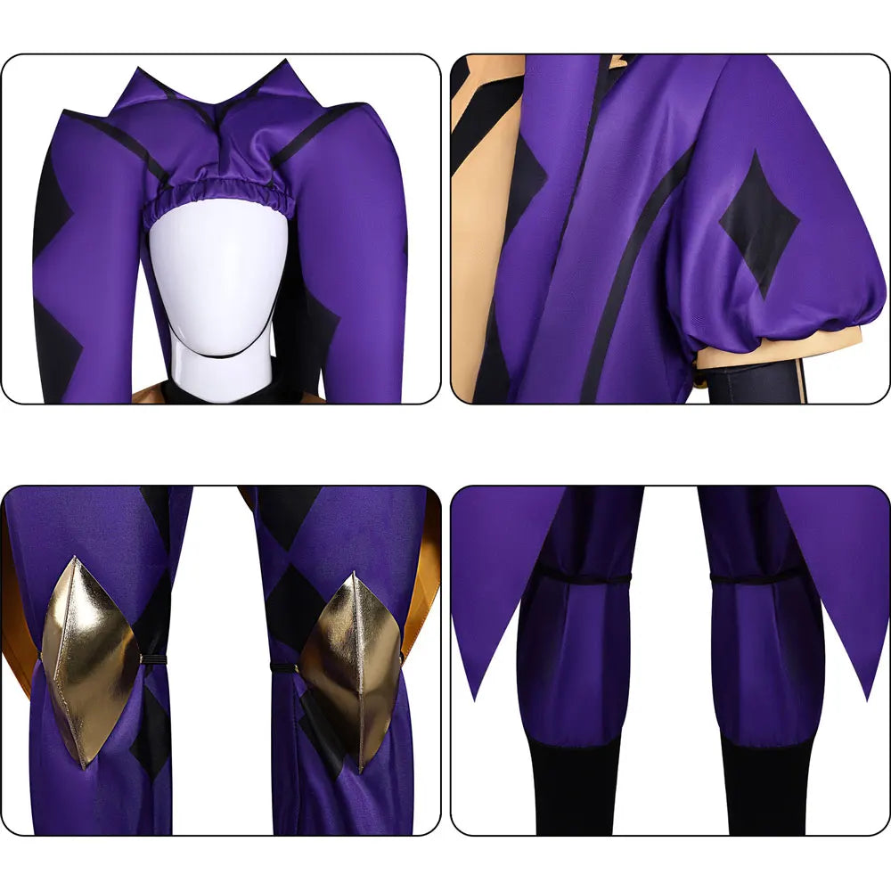 Game the Freak Circus Jester Costume Purple Black Retro Clown Outfit Complete Set with Hat - One size wig / XXL