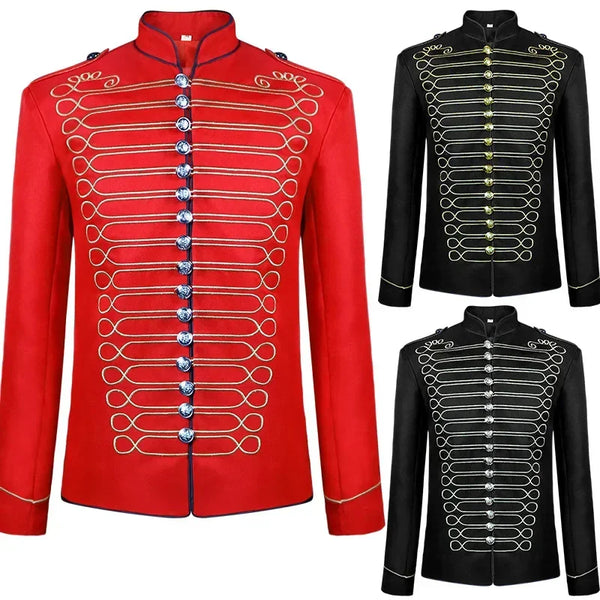 Halloween Costume Men's Medieval Jacket Steampunk Hussar Marching Band Military Drummer - Red gold / L