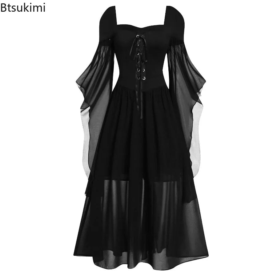 Women's Vintage Gothic Dress Halloween Witch Cosplay Costumes Off Shoulder Lace-Up Medieval Maxi Dress Retro - product image 3