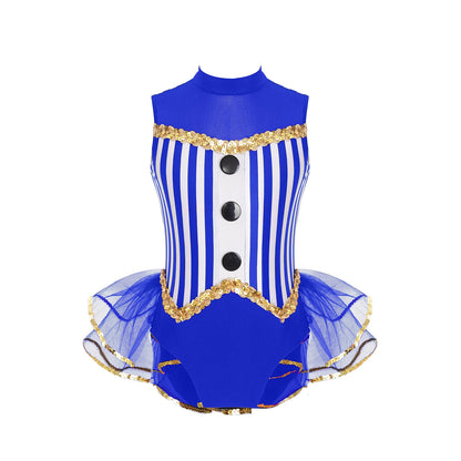 Kids Girl Halloween Circus Clown Costume Shiny Striped Tutu Leotard Ballet Gymnastics - Red / 16