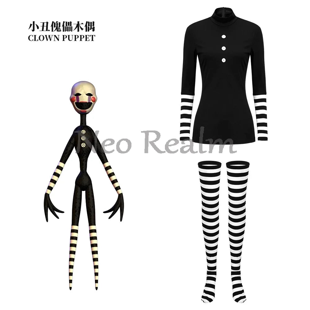 FNAF Puppet-Inspired Clown Costume – Striped Dress & Leggings