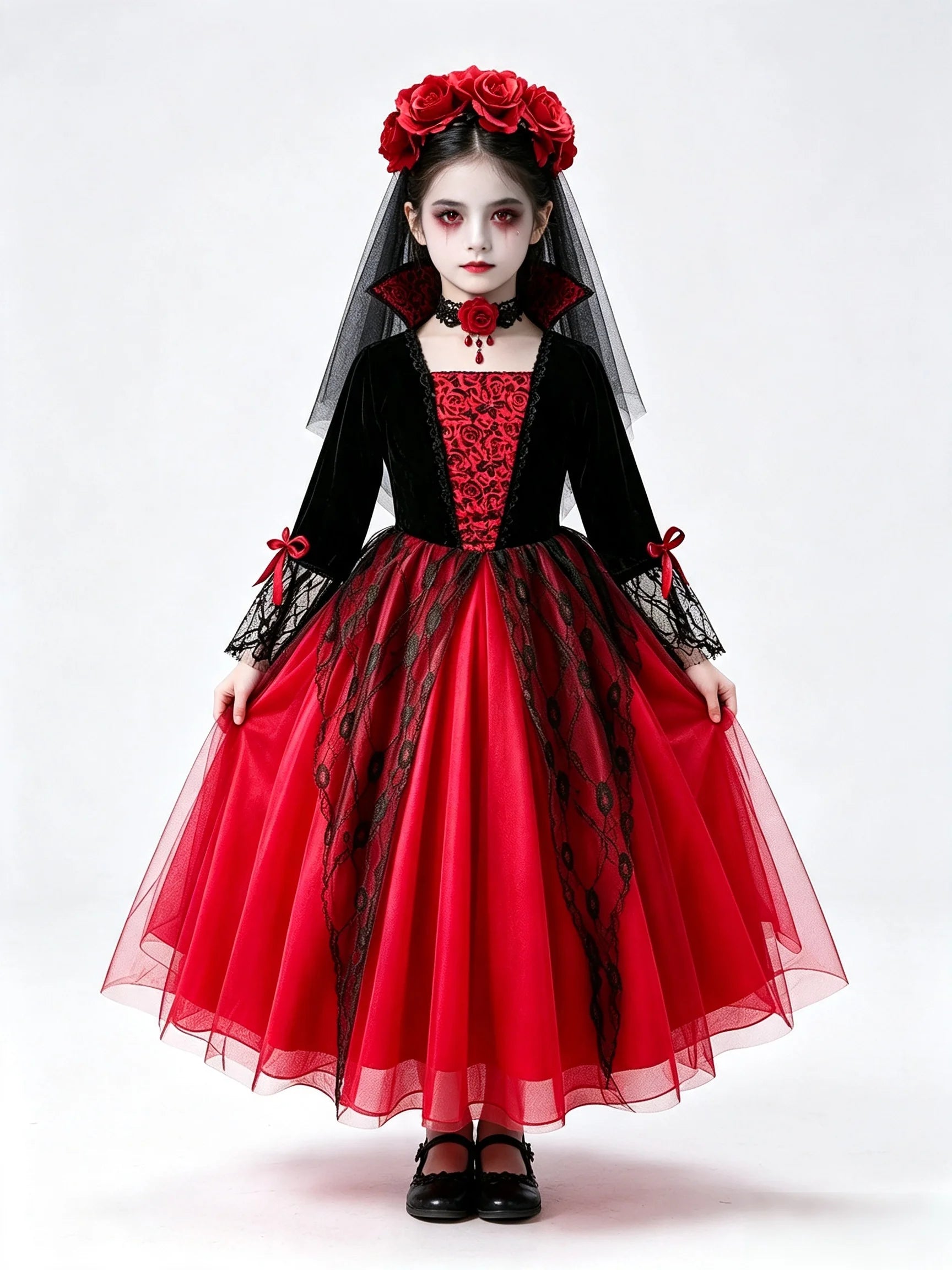 Kids Red Lace Ghost Bride Fancy Dress Spooky Bridal Role Play Outfit - product image 1