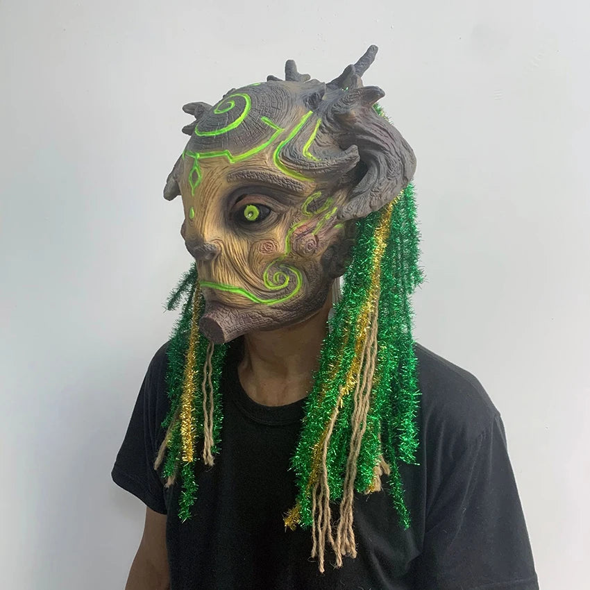 Horror LED Ghost Latex Spirit Forest Green Mask Halloween Tree Old Man Scary Festival Mask Creepy Demon