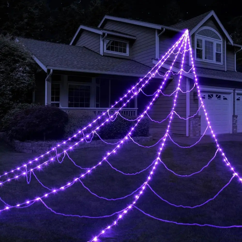 8 Modes Halloween Spider Web Lights Waterproof 250 LEDs LED Spider Net 16.4 Ft Big Scary Giant Spider Party