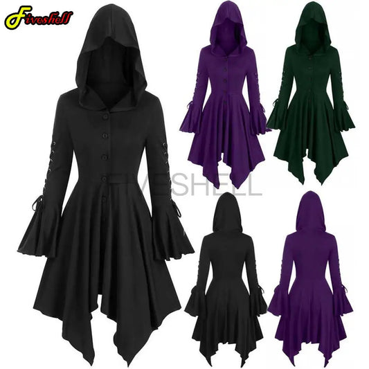 Women's Medieval Autumn Gothic Lace Vintage Renaissance Hooded Long Costume