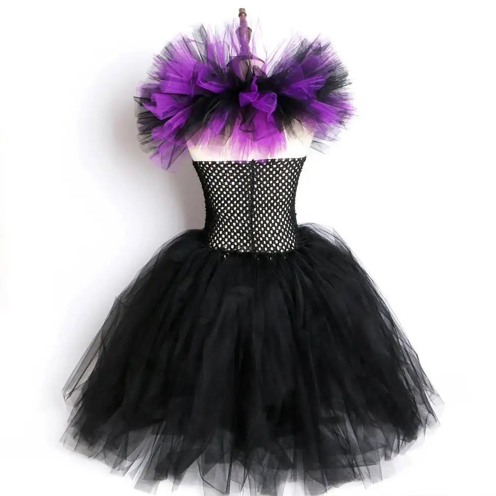 Girls Black Purple Dark Fairy Queen-Inspired Long Costumes with Feather Wings Horns