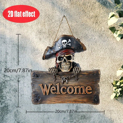 2D Flat 1pc Pirate Skull Welcome Sign Rustic Wooden Door Decoration with Pirate Skull and Crossbones Halloween Party Decoration