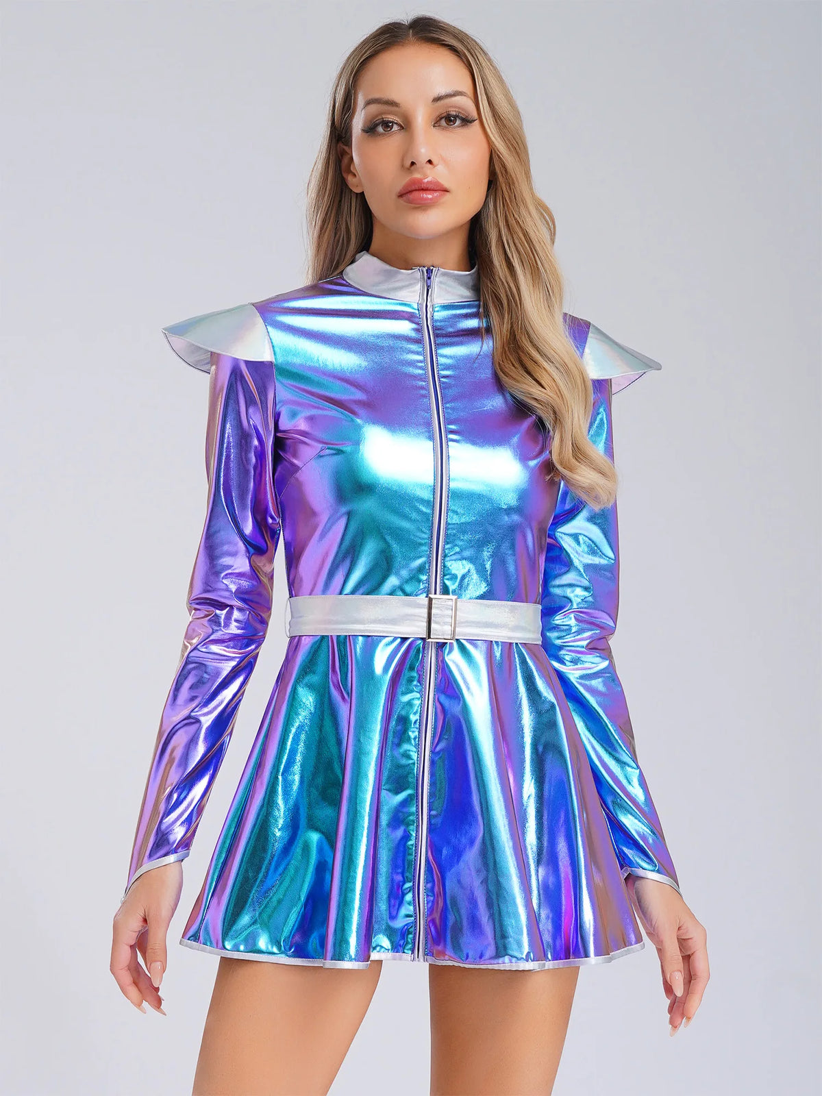 Women Halloween Alien Costume Long Sleeves Front Zip A-line Dress with Belt Shiny Metallic Outer Space Alien Costume