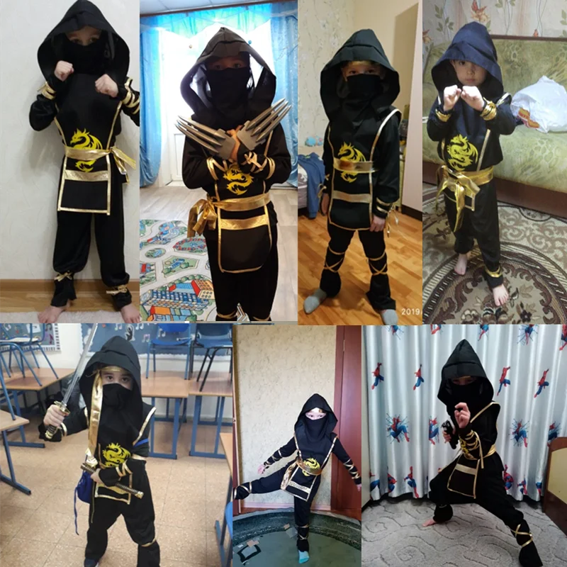 Black Ninja Costume Boy Halloween Japanese Samurai Costume Kid Anime Muscle Costume With