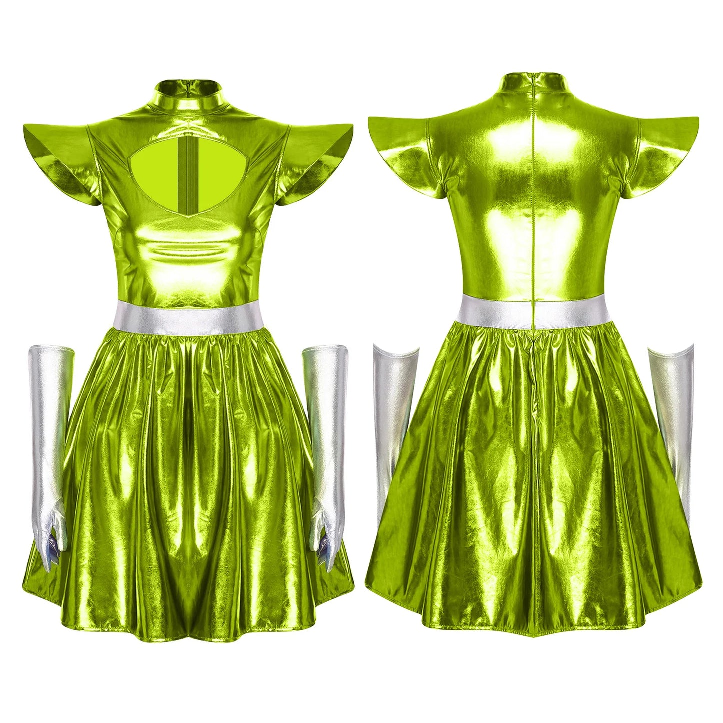 Adult Women Alien Outerspace Halloween Costume Dancewear Sleeveless Space Cadet Leotards - B-Silver / XXL