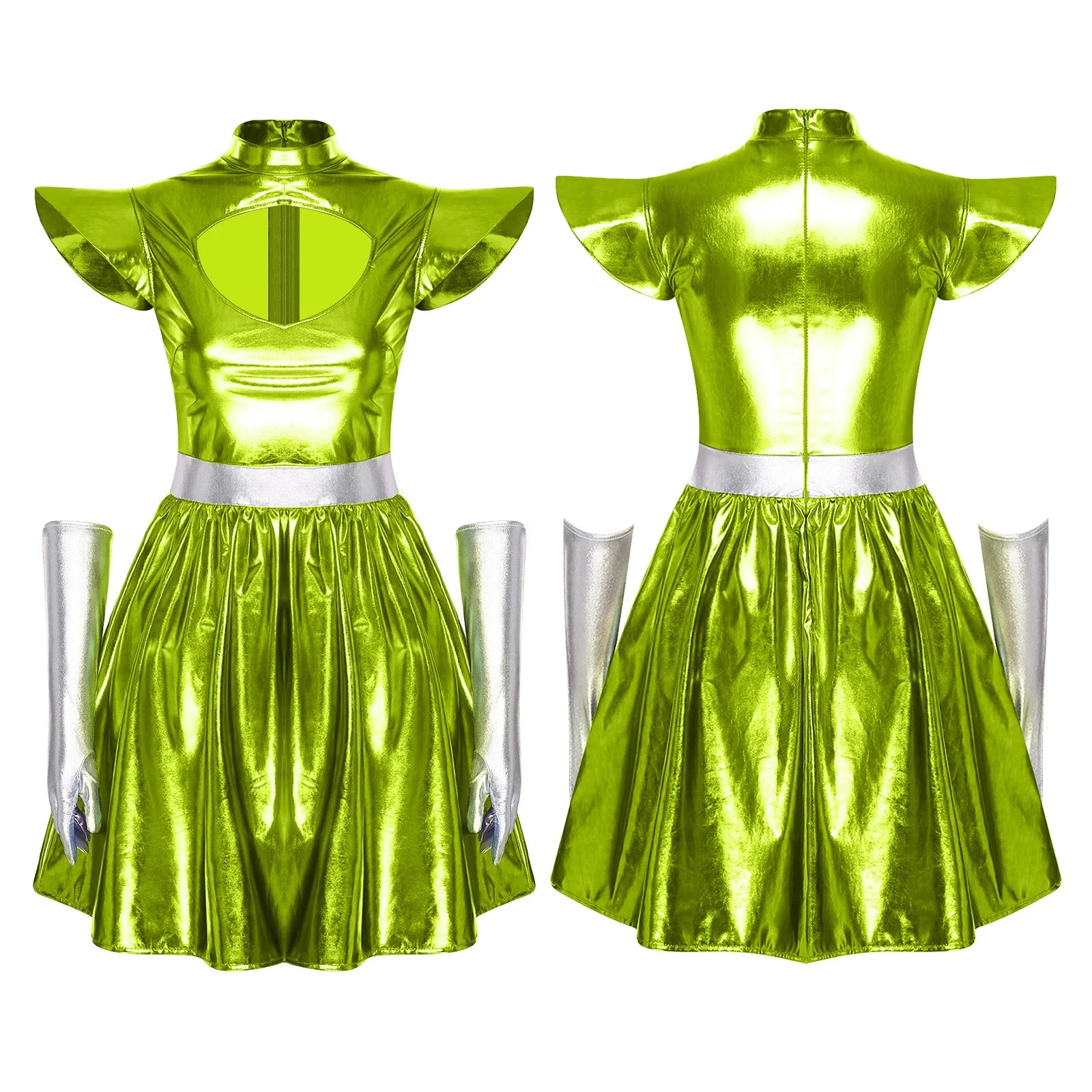 Adult Women Alien Outerspace Halloween Costume Dancewear Sleeveless Space Cadet Leotards - B-Silver / XXL