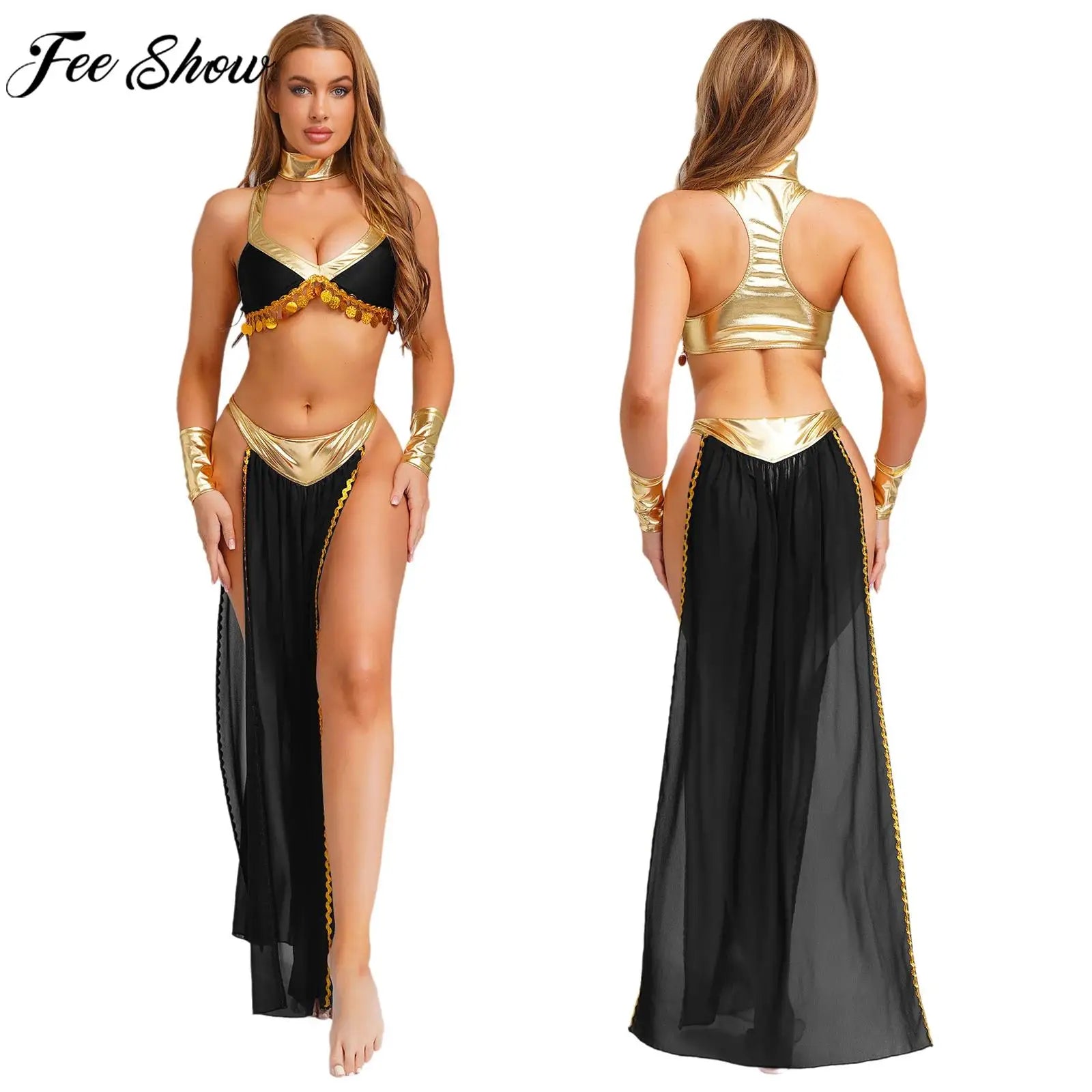 Women Halloween Cleopatra Ancient Egyptian Queen Sun Goddesses Costume Crop Top with Skirt Belly Indian Dance Outfit