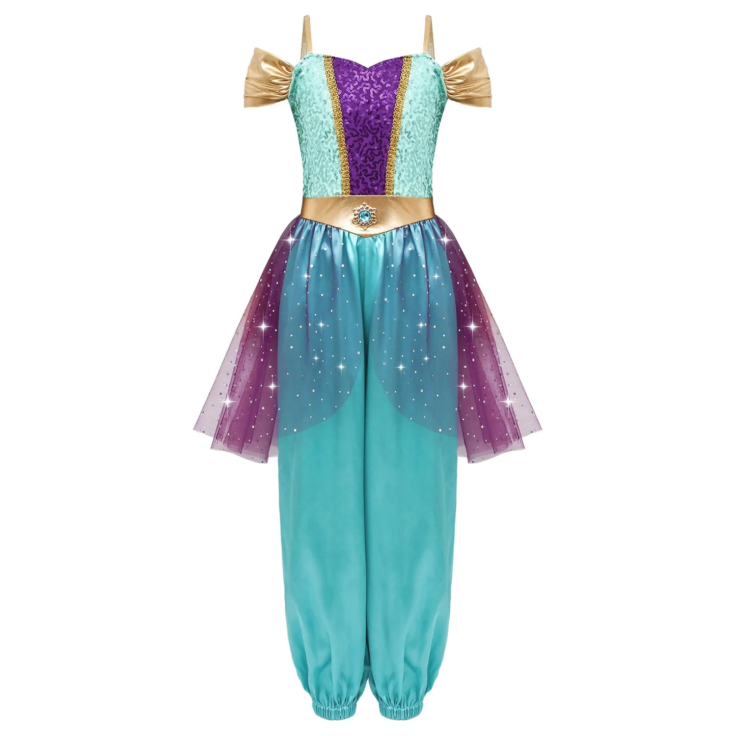 Girls Arabian Princess Halloween Carnival Dress Up Cosplay Costume Metallic Ruched Sequin Bodice Tulle Panel - product image 9