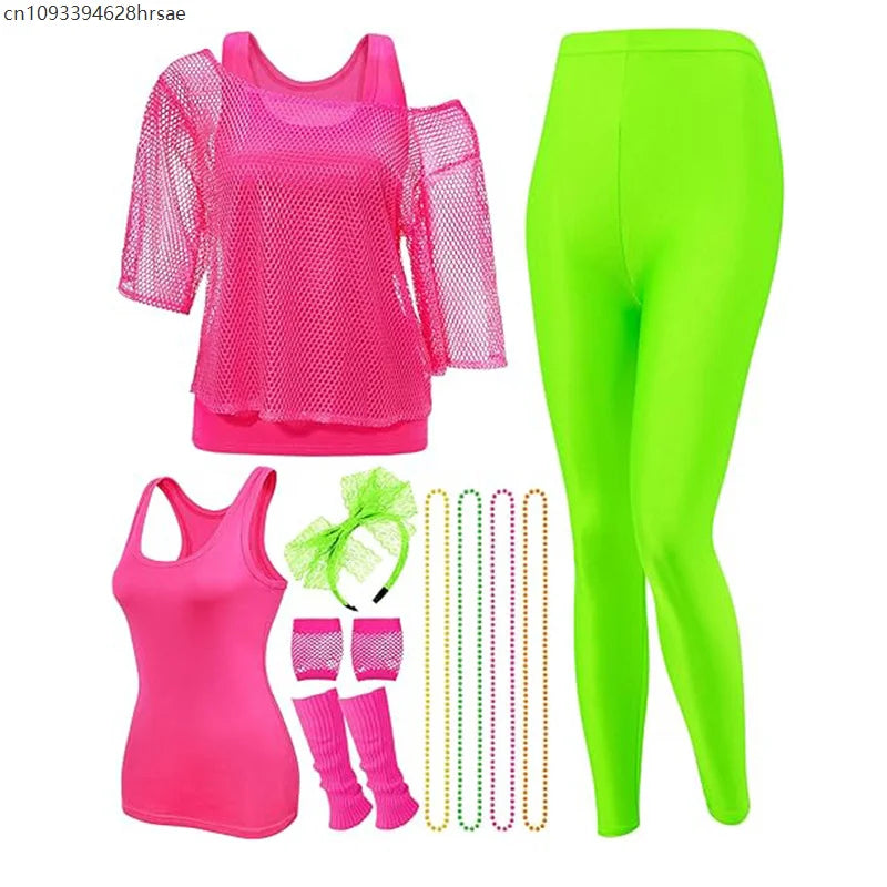 80's Women Retro Costume Set Women's 80s Leggings Fishnet Neon Shirt with Leg Warmers Necklace Bracelet - product image 5