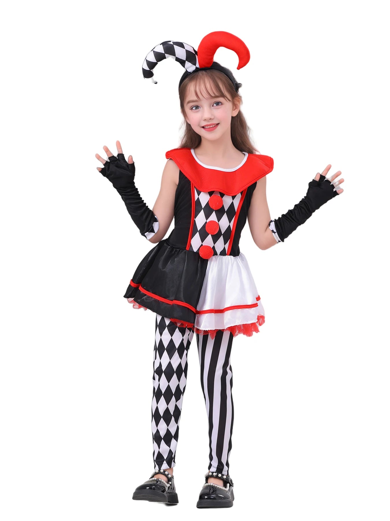 Girls Poker Pattern Jester Clown Costume Dress Outfit Kids Halloween Costume - Beige / 130