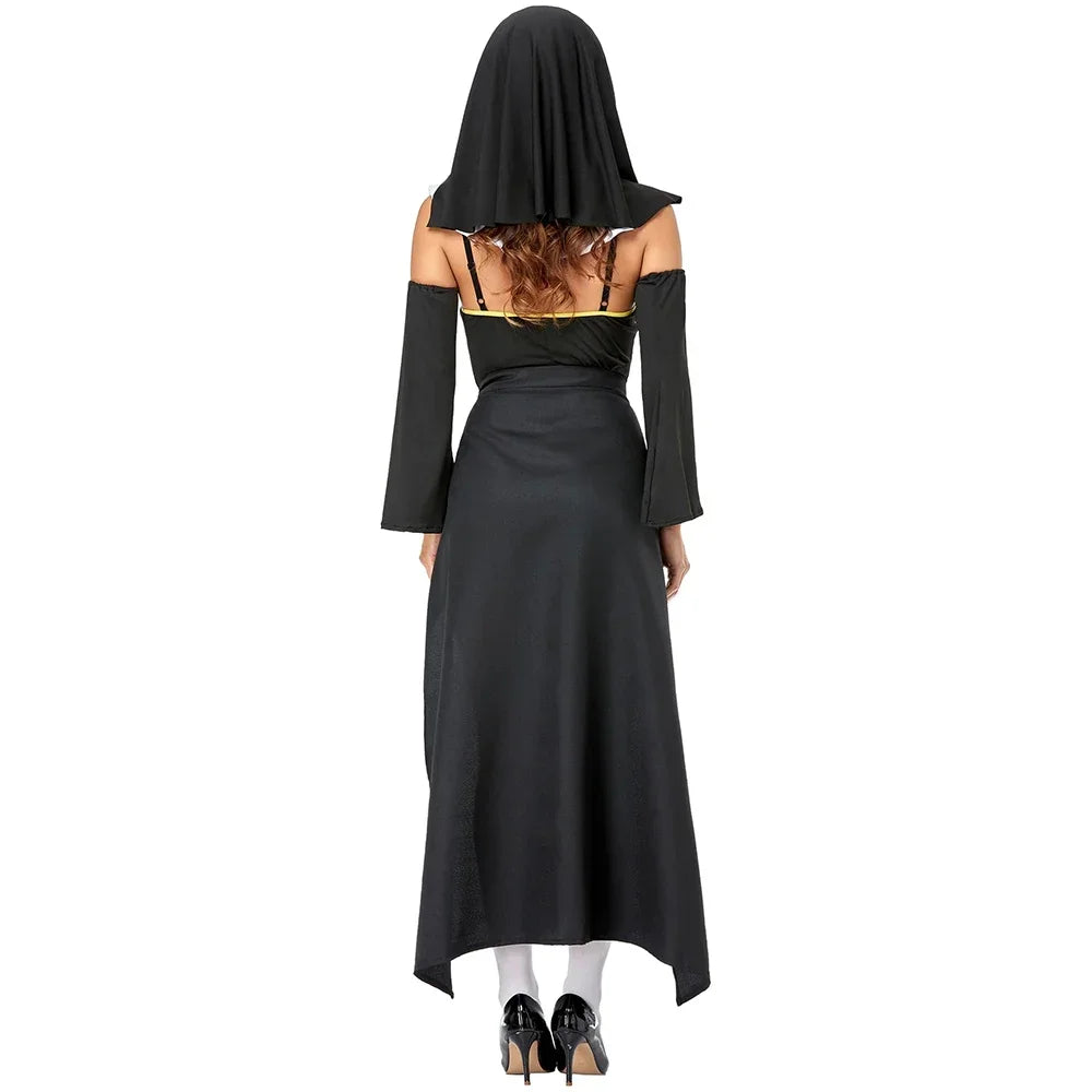 2026 Women Church Religious Sister Bad Habit Sexy Nun Costume  Adult Halloween Party Cosplay Uniform Fancy Black Dress