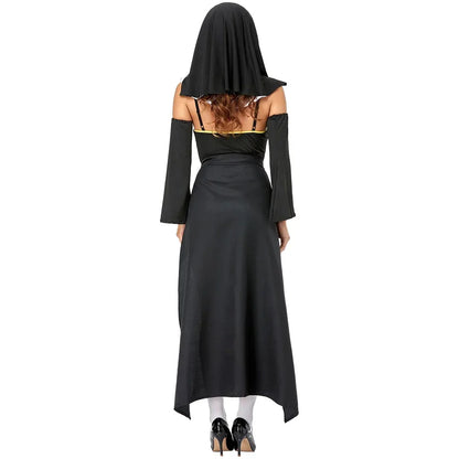 2026 Women Church Religious Sister Bad Habit Sexy Nun Costume  Adult Halloween Party Cosplay Uniform Fancy Black Dress
