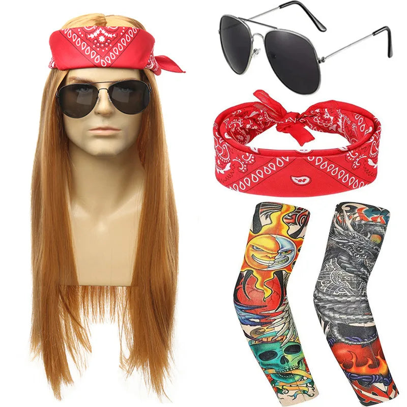Hot 70s 80s Rocker Costume Heavy Metal Wig Men Women Hippie Wig With Bandana Sunglasses Punk Gloves Tattoo - product image 6
