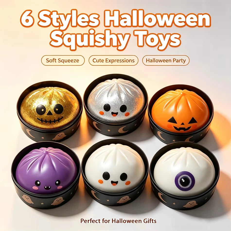 6 Styles Halloween Bun Squishy Toys Glitter Pumpkin Eyeball Cute Face Squeeze - product image 1