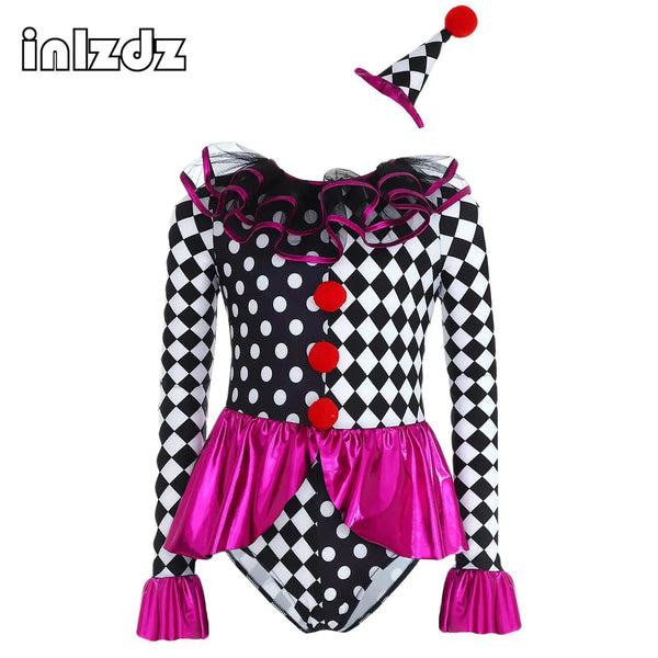 Girls Halloween Clown Joker Bodysuit Costume Metallic Ruffle Skirt Checkerboard Print Dance Leotard Dress - product image 1