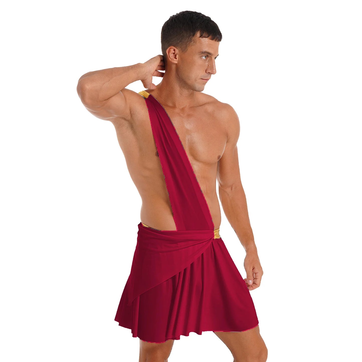 Men's Halloween Ancient Greek Roman Theme Toga Costume One Shoulder Strap Waistband Ruffle - Blue / XXL