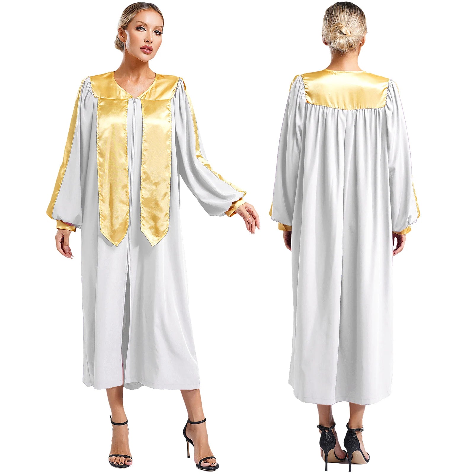 Choir Robe Theme V-neck Sleeve V-neck Color Block Zipper Split Front Gown Unisex - Black / XXL