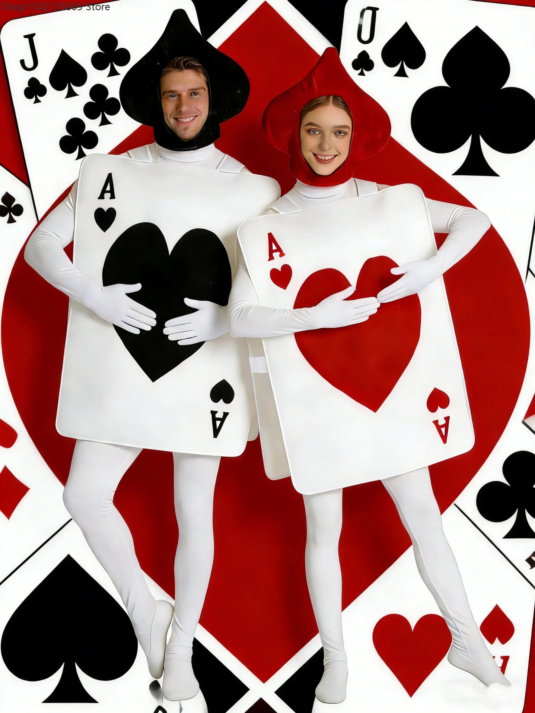 Adult Wonderland Fairy Tale Set Couple Halloween Playing Cards Hearts Ace Costume Purim - red / One Size