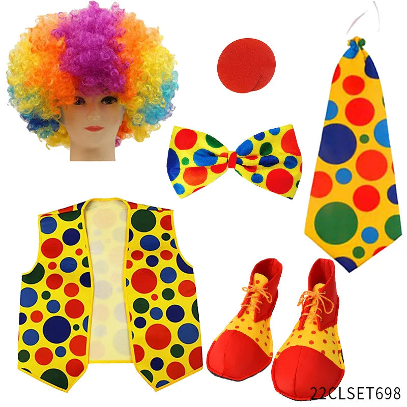 Clown Costume - Nose Wig Bow Tie Shoes Headband Gloves Hat Stockings and Vest Dress Up - 11 / One Size