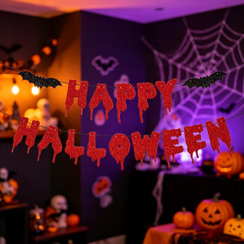 Glitter Red Happy Halloween Paper Banner With Rope Halloween Party Garland - product image 4