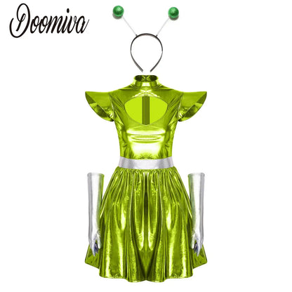 Adult Women Alien Outerspace Halloween Costume Dancewear Sleeveless Space Cadet Leotards - B-Blue / M