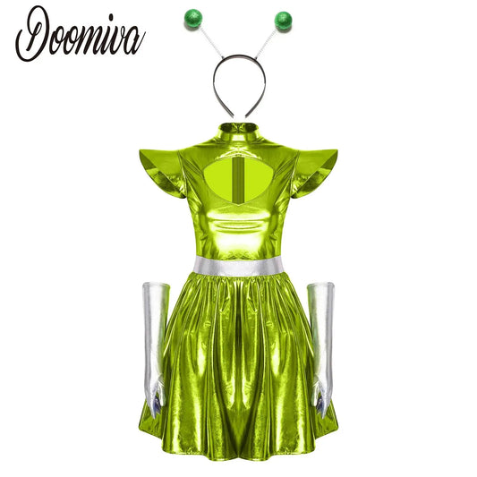 Adult Women Alien Outerspace Halloween Costume Dancewear Sleeveless Space Cadet Leotards - B-Blue / M