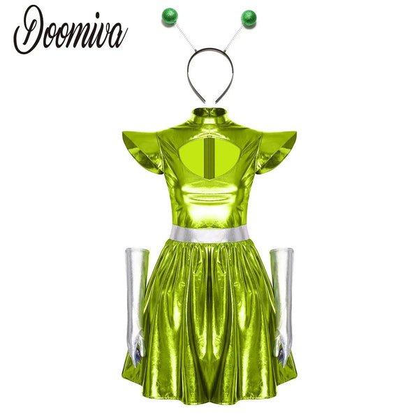 Adult Women Alien Outerspace Halloween Costume Dancewear Sleeveless Space Cadet Leotards - B-Blue / M