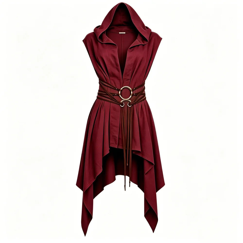 Women Irregular Hem Renaissance Elf Tunic Robe Medieval Ranger Hooded Sleeveless