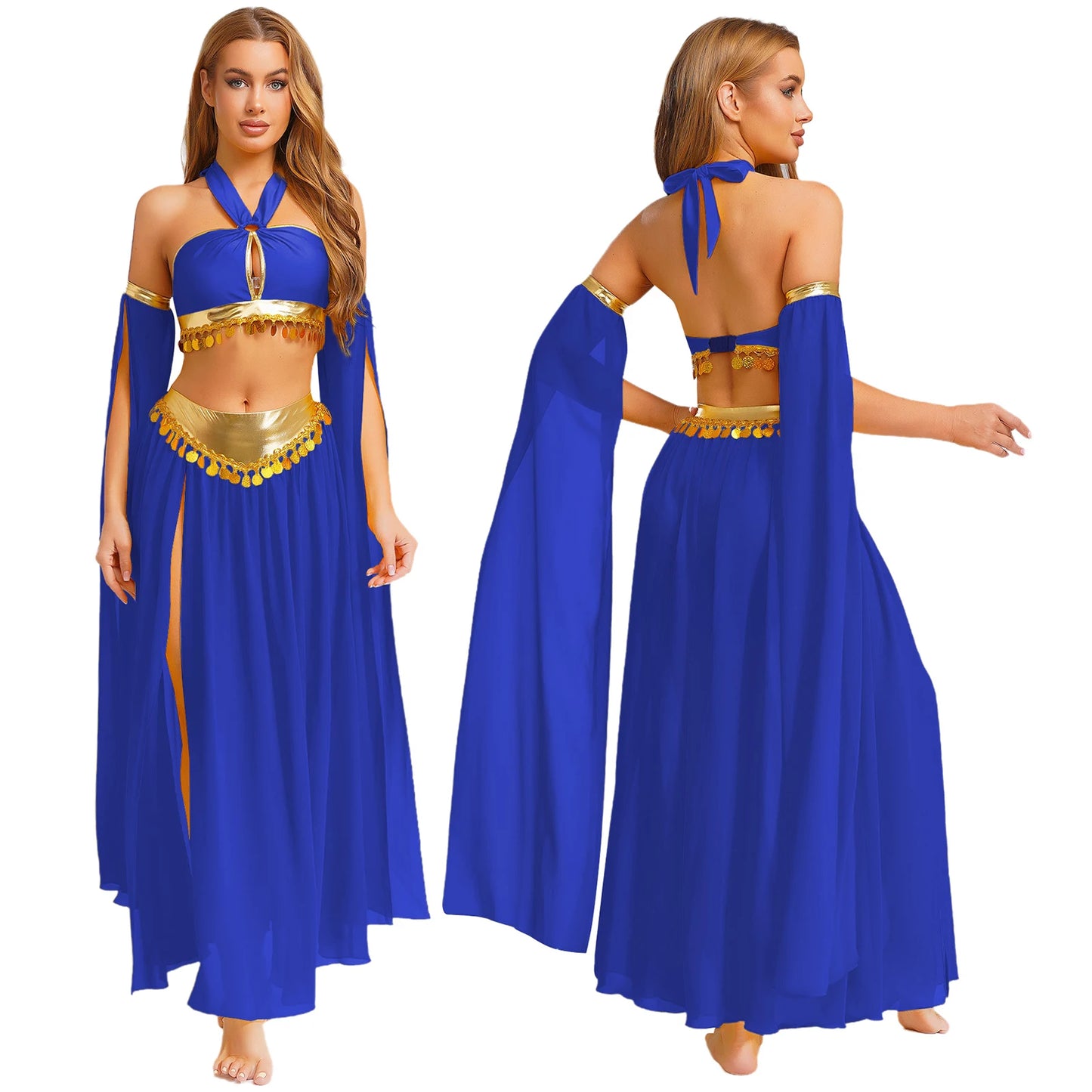 Women Halloween Cleopatra Ancient Egyptian Queen Sun Goddesses Cosplay Costume Crop Top with Skirt Belly Indian Dance Outfit