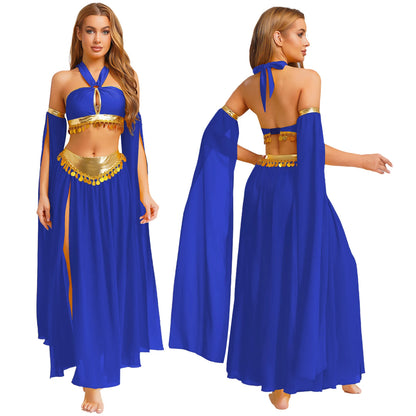 Women Halloween Cleopatra Ancient Egyptian Queen Sun Goddesses Cosplay Costume Crop Top with Skirt Belly Indian Dance Outfit