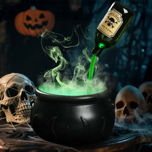 Halloween floating witch potion cauldron with green LED mist maker and floating bottle