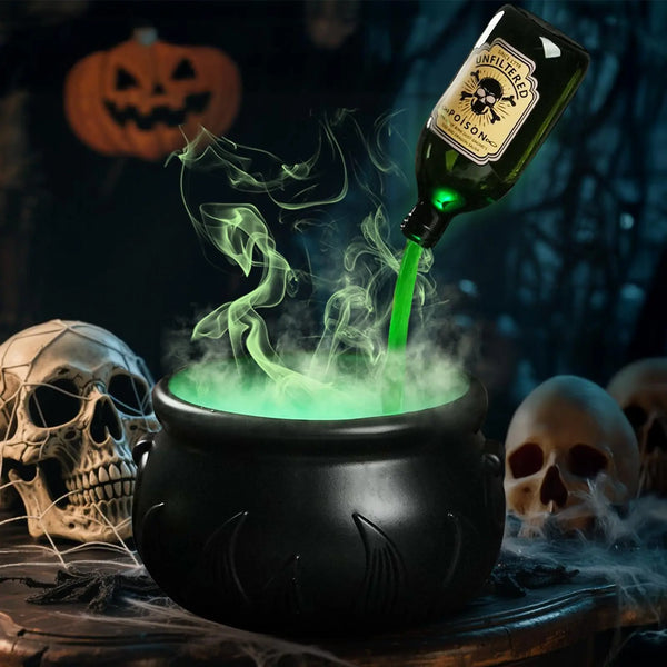 Halloween floating witch potion cauldron with green LED mist maker and floating bottle