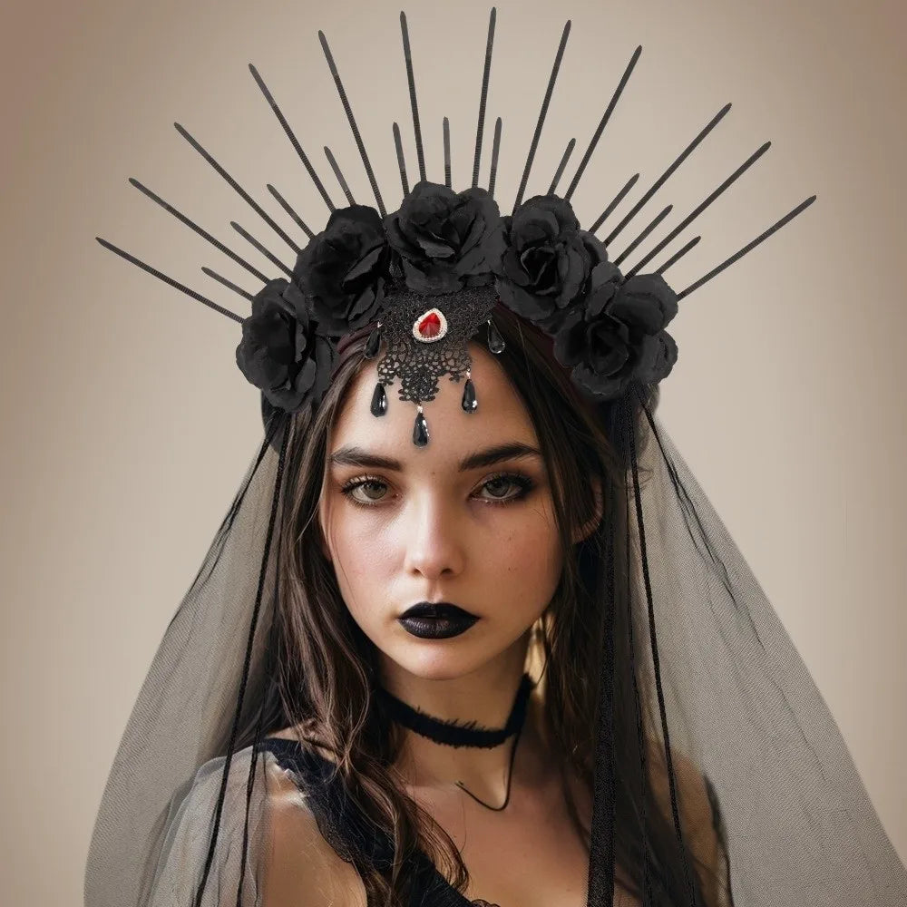 Headdress Mesh Halloween Headband Rhinestone Gothic Veil Headband Black Rose - product image 3