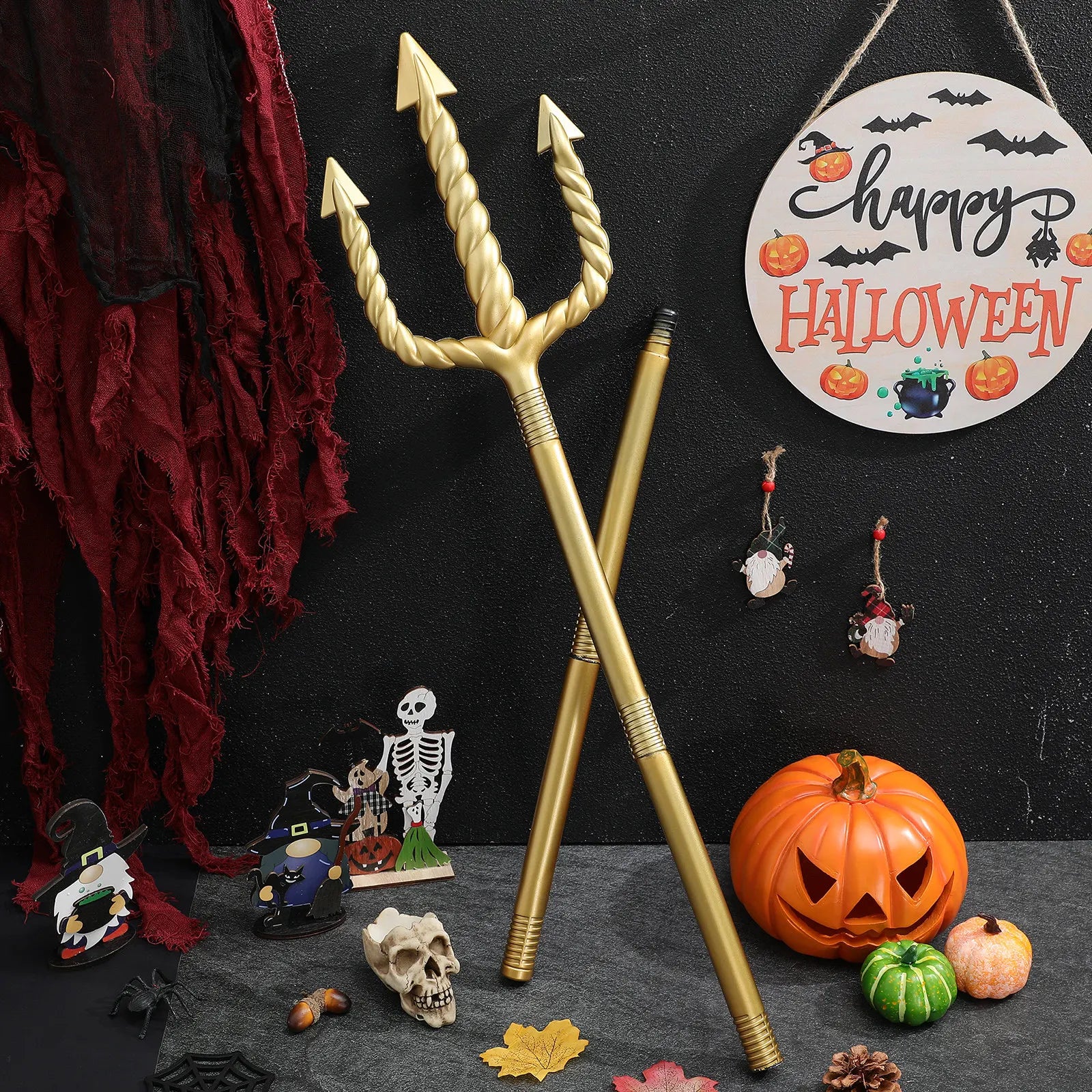 Gold Spiral Devil Trident Prop – Medieval Halloween Costume Staff