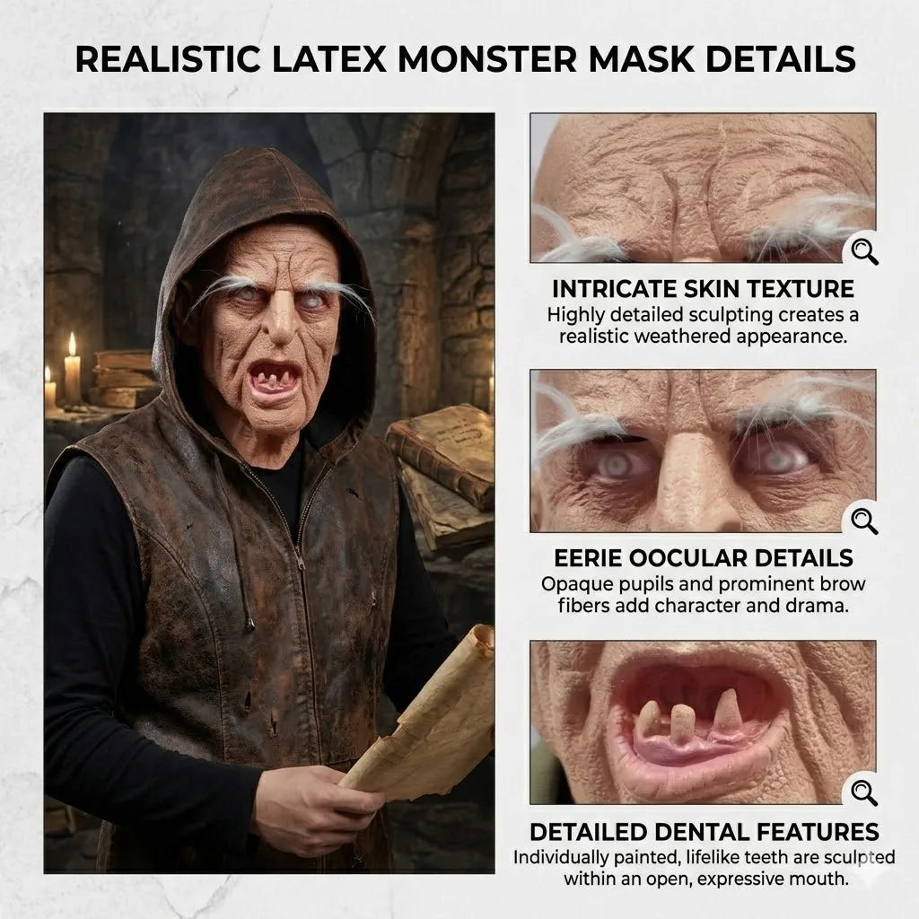 Realistic Horror Old Man Mask Latex Wrinkled Face with Crooked Teeth & White Eyebrows - View 4
