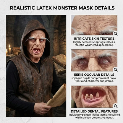 Realistic Horror Old Man Mask Latex Wrinkled Face with Crooked Teeth & White Eyebrows - View 4